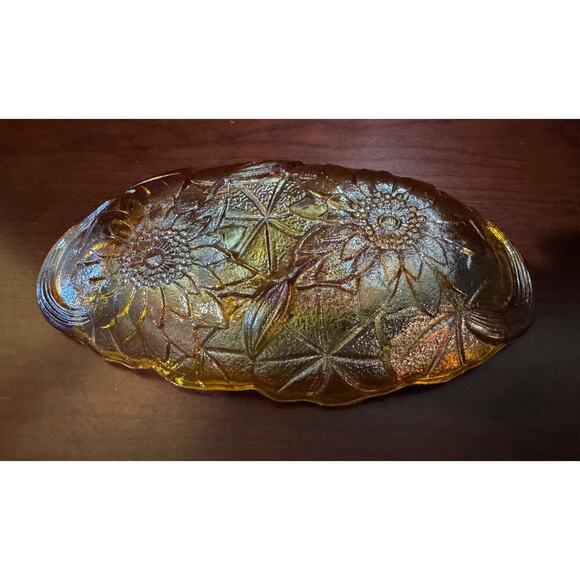 Vintage Carnival Glass Serving Dish Iridescent 9.5” Amber Gold Sunflower Design - Picture 5 of 8
